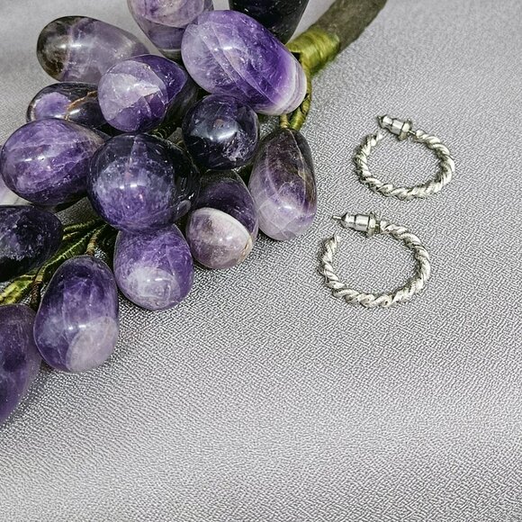 Small Hoops Earrings w/twisted, stamped design, Silver Plate - 3/4" length - Picture 4 of 8